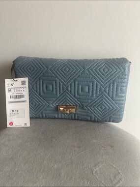 Zara Quilted Light Blue Clutch with Gold-Tone Clasp